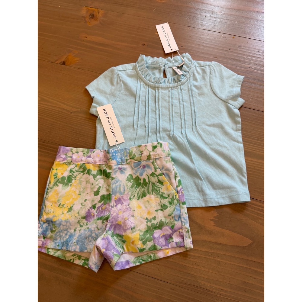 Kk33 Janie and Jack Girls Blue Ruffle Top and Floral Shorts Set NWT 6-12 18-24 m